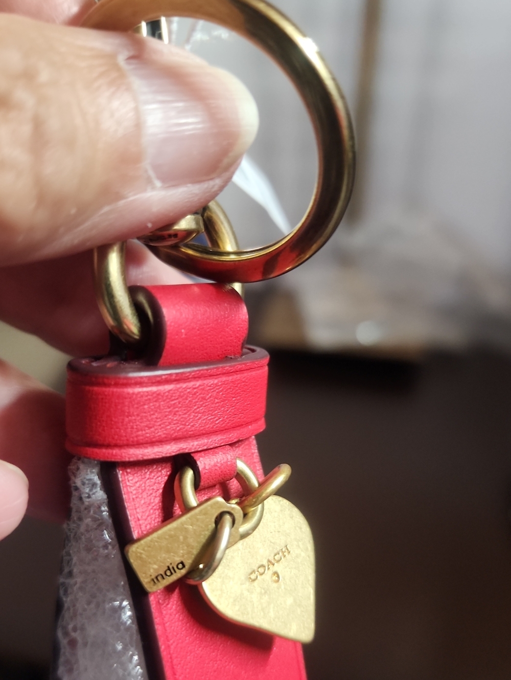 Coach Candy Red Leather Strap Keychain with Yellow Heart Charm & Dog Clip Nwt - Picture 3 of 9